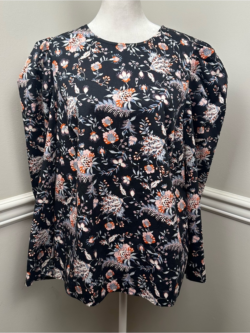 Ted Baker London Black Floral Long Sleeve Blouse Coral,Cream & Blue Accents 4